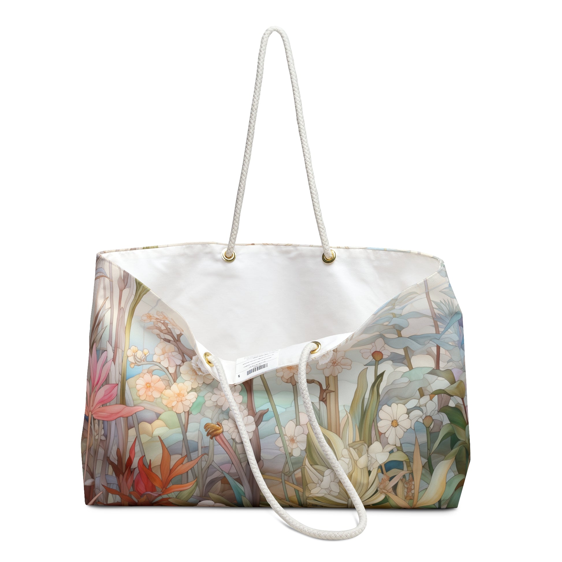 An image of the Stained Glass Floral Garden Oversized Tote Bag,white rope handles, by GlassyRock Arts