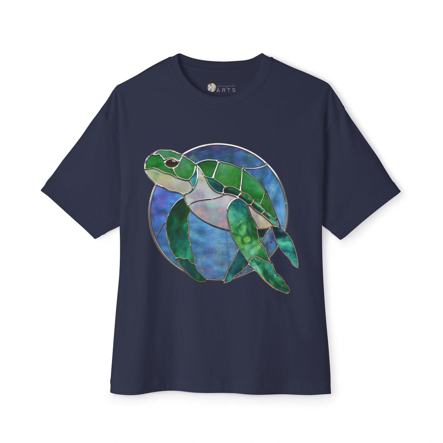 Stained Glass Turtle Oversized Tee Shirt in navy blue by Bella+Canvas, featuring a stunning stained glass-style design of a green sea turtle on the front, crafted by Noelle Barnes.