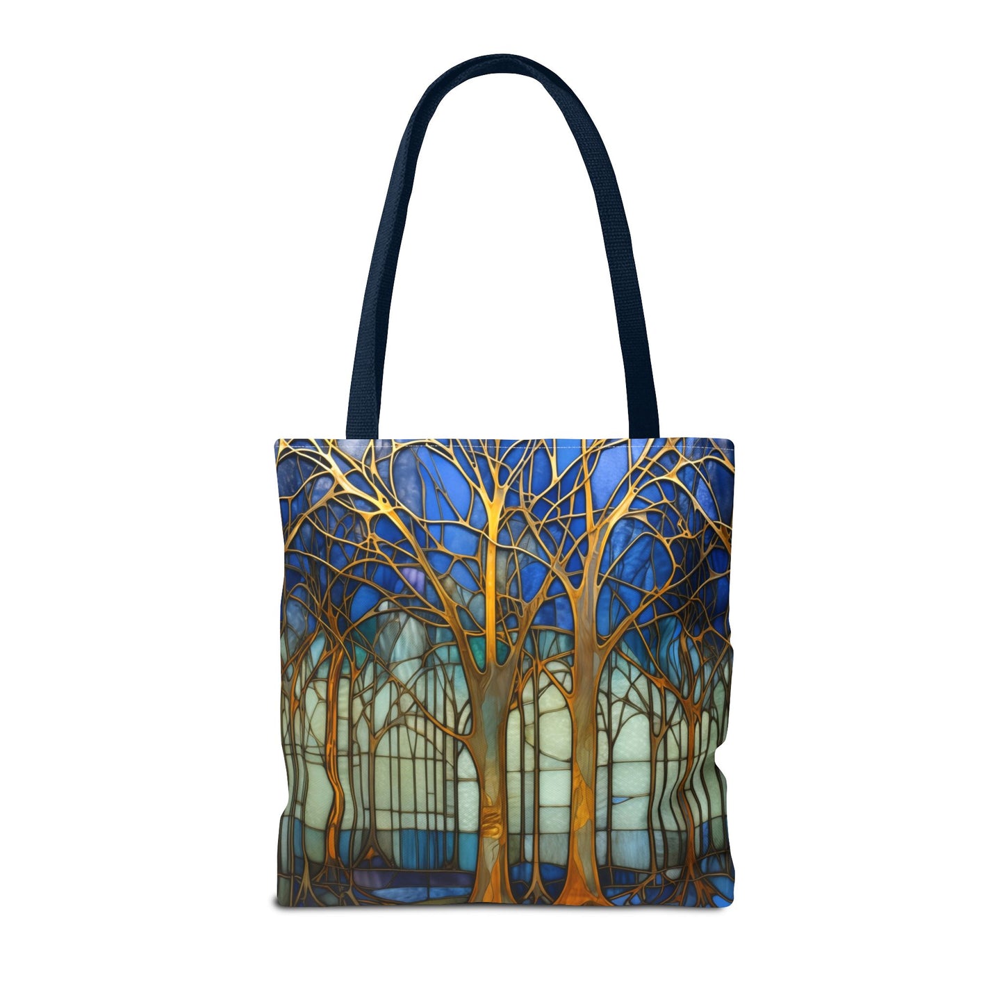 The Stained Glass Forest Tote Bag, Blue, available in 3 sizes, features a unique artist design of bare trees with intertwined branches on a blue and green background. Made from durable polyester, the trees are detailed in vibrant gold and brown hues.