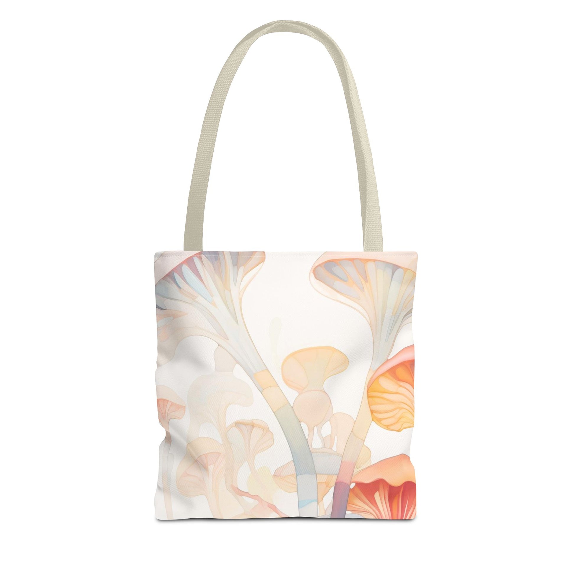 The Stained Glass Groovy Mushrooms Tote Bag, available in three sizes, features a colorful organic pattern in pale pastel shades of blue, yellow, pink, and orange with white handles. Made from durable polyester materials, this original artist design gives it an artistic appeal.