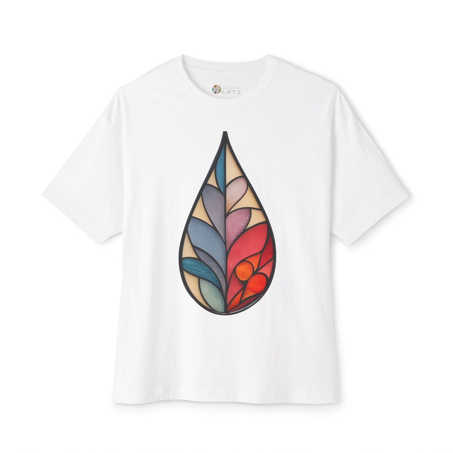 White Stained Glass Botanical Raindrop Oversized Tee Shirt by Bella+Canvas, featuring a colorful abstract teardrop design on the front, reminiscent of stained glass.