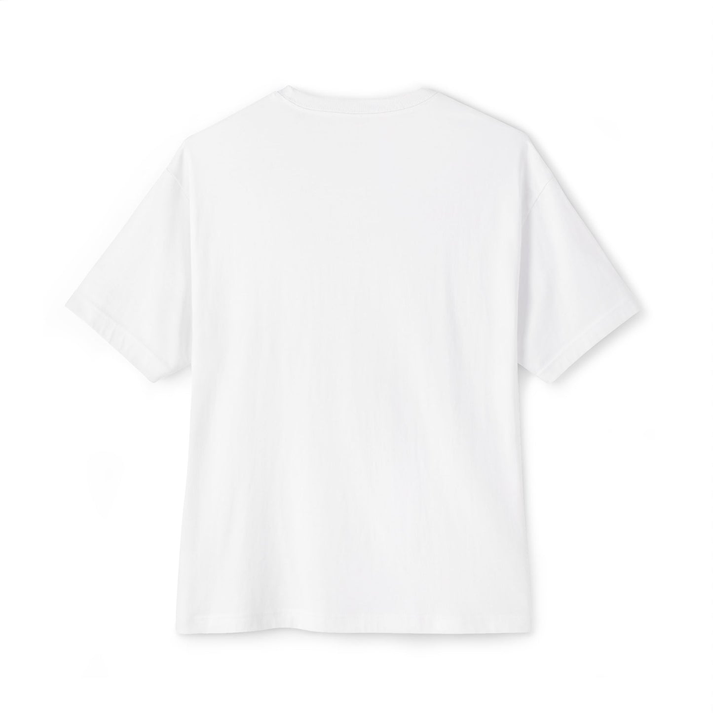 A plain white short-sleeved T-shirt viewed from the back, featuring a simple crew neckline and no visible logos or designs, made as part of our sustainable clothing line: the Stained Glass Grizzly Bear Oversized Tee Shirt.