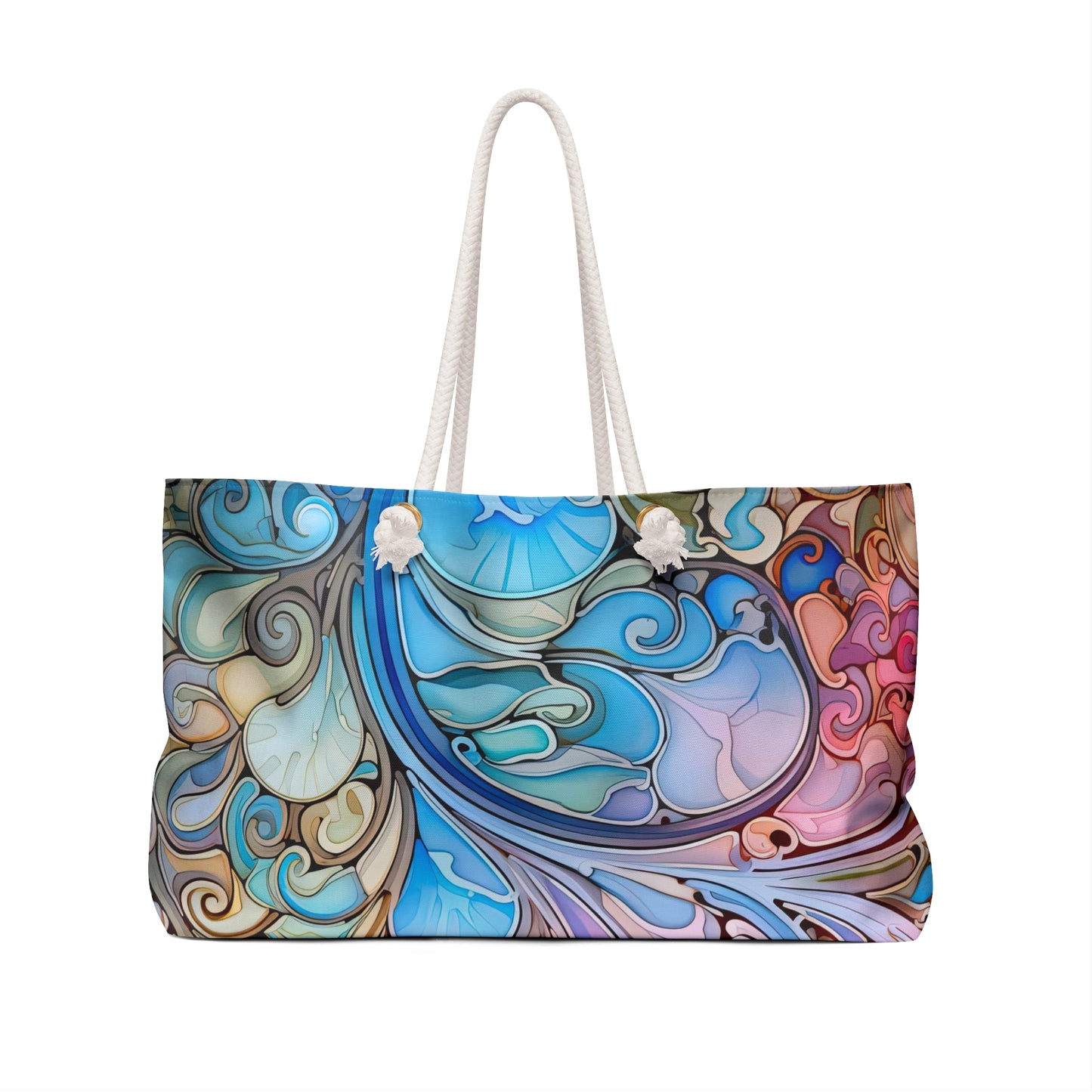 An image of the Rainbow Paisley Stained Glass Oversized Tote Bag,white rope handles, by GlassyRock Arts