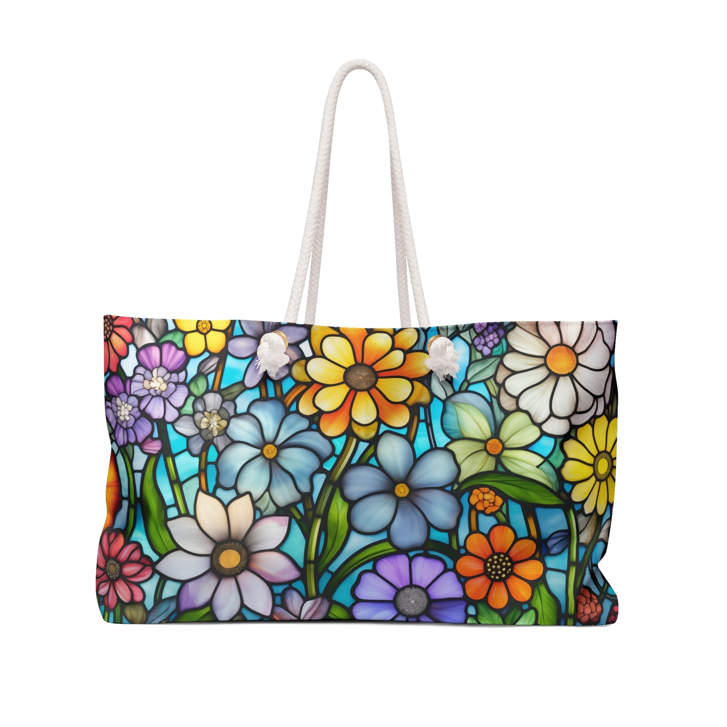 An image of the Stained Glass Folk Art Flowers Oversized Tote Bag,white rope handles, by GlassyRock Arts