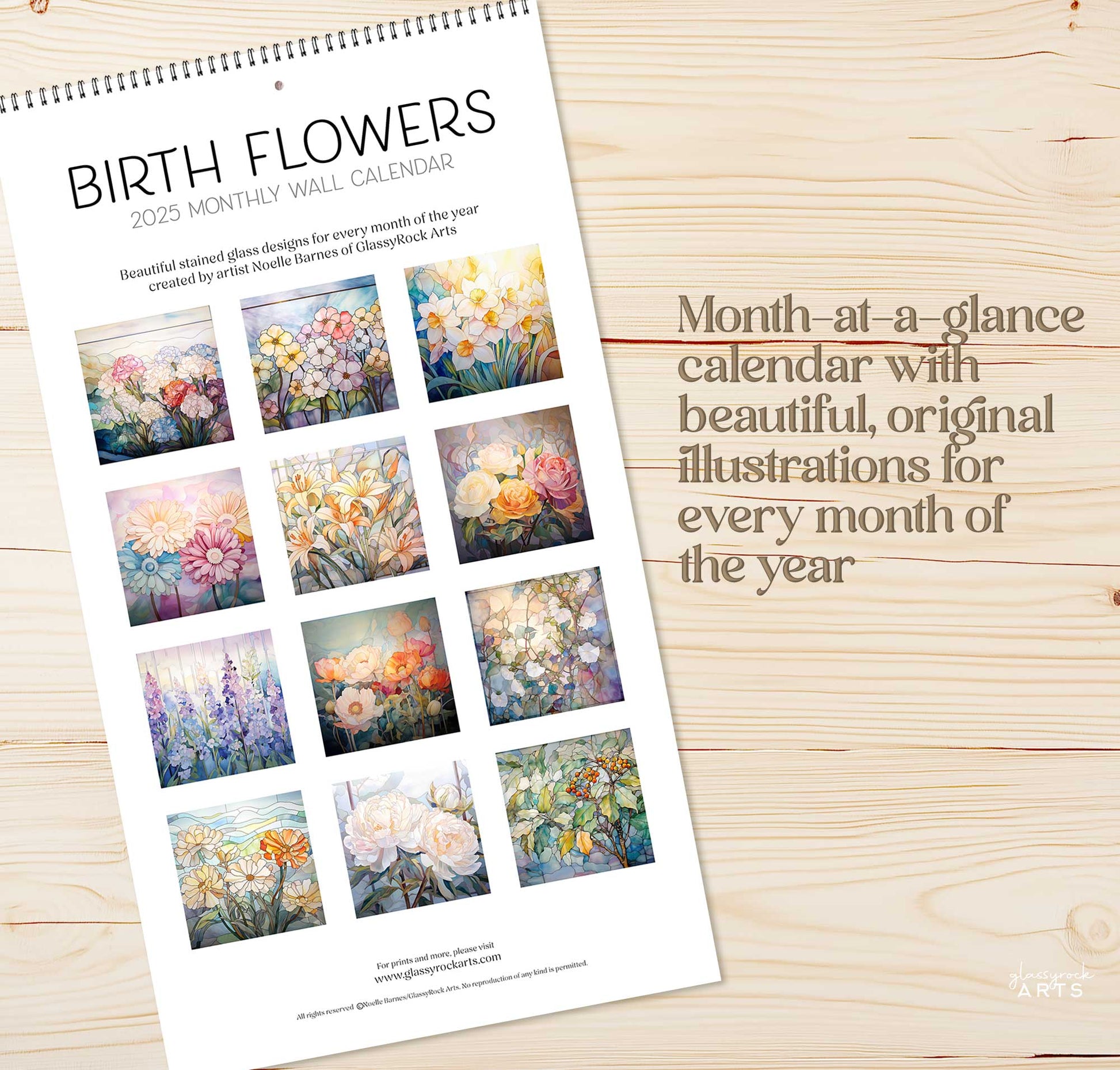 The back of the birth flowers calendar on a wood table.