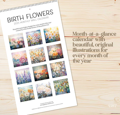 The back of the birth flowers calendar on a wood table.