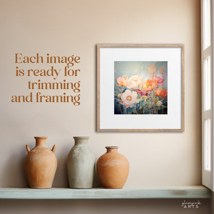 A print from the birth flowers calendar, framed and hanging on a wall next to a window. The text reads "each image is ready for trimming and framing"