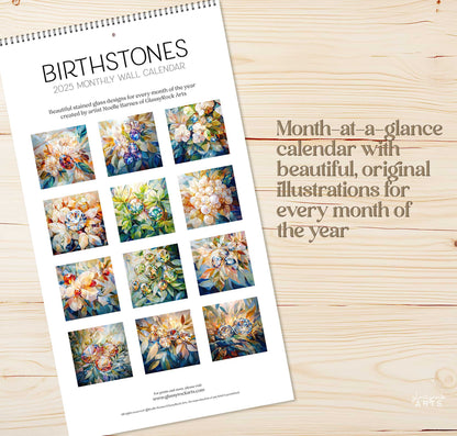 The back of the birthstones calendar on a wood table.