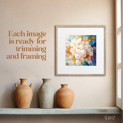 A print from the birthstones calendar, framed and hanging on a wall next to a window. The text reads "each image is ready for trimming and framing"