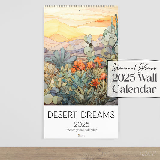 An image of the Stained Glass Desert Landscapes 2025 Wall Calendar, 9.5x17.25 inch, by GlassyRock Arts