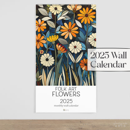 2025 Folk Art Flowers Stained Glass Large Wall Calendar