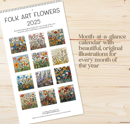 2025 Folk Art Flowers Stained Glass Large Wall Calendar