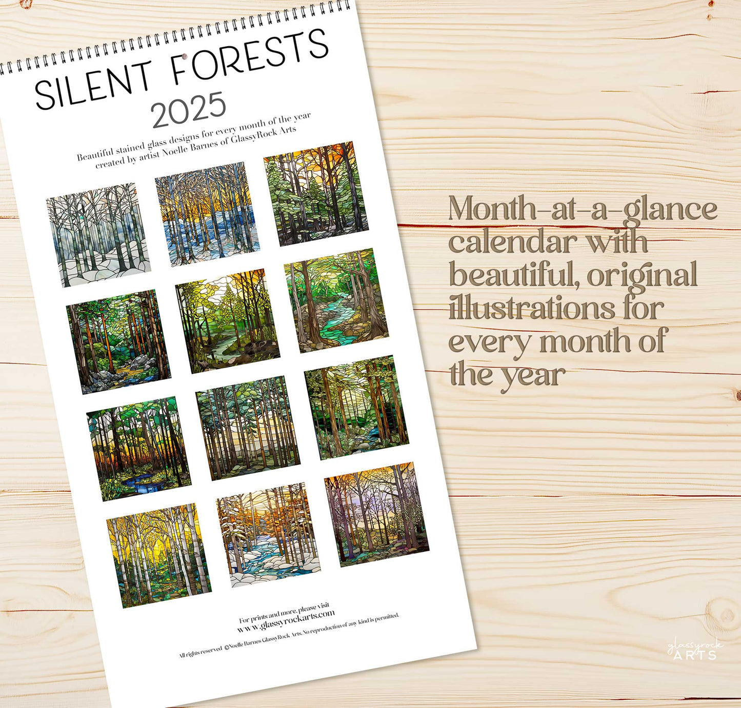 2025 Silent Forests Stained Glass Large Wall Calendar