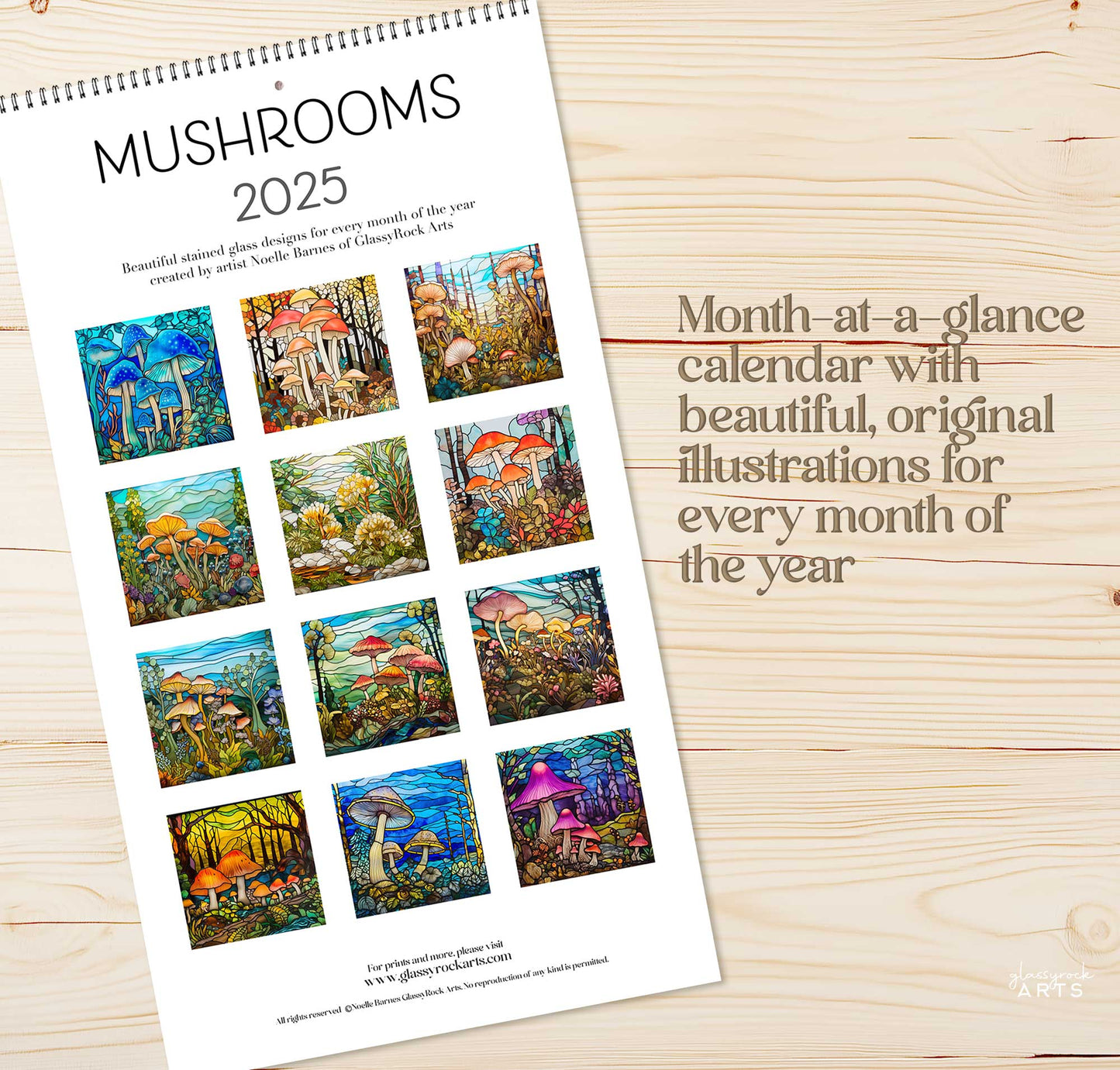 2025 Mushrooms Stained Glass Large Wall Calendar