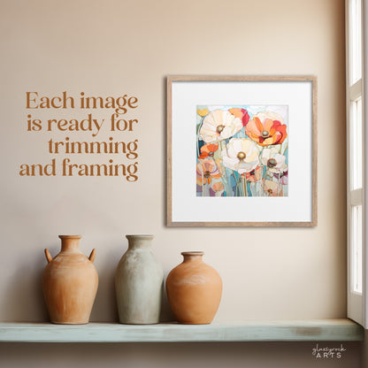 The 2025 Poppies Wall Calendar, featuring framed floral artwork of stained poppies, hangs on a beige wall above a shelf with three clay vases. Natural light illuminates the scene, and text on the wall states, Each image is ready for trimming and framing.