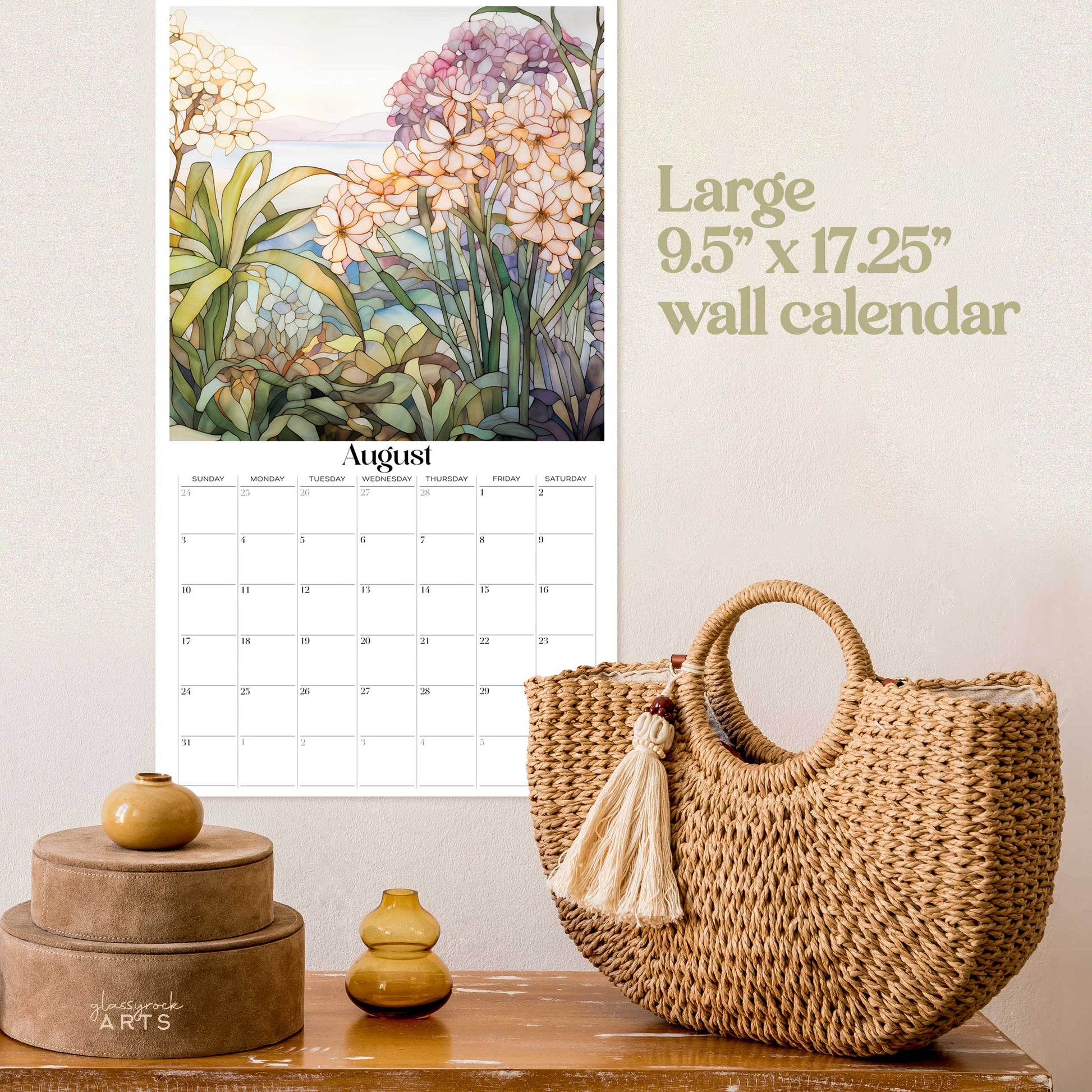 An image of the Stained Glass Tropical Flowers 2025 Wall Calendar, 9.5x17.25 inch, by GlassyRock Arts