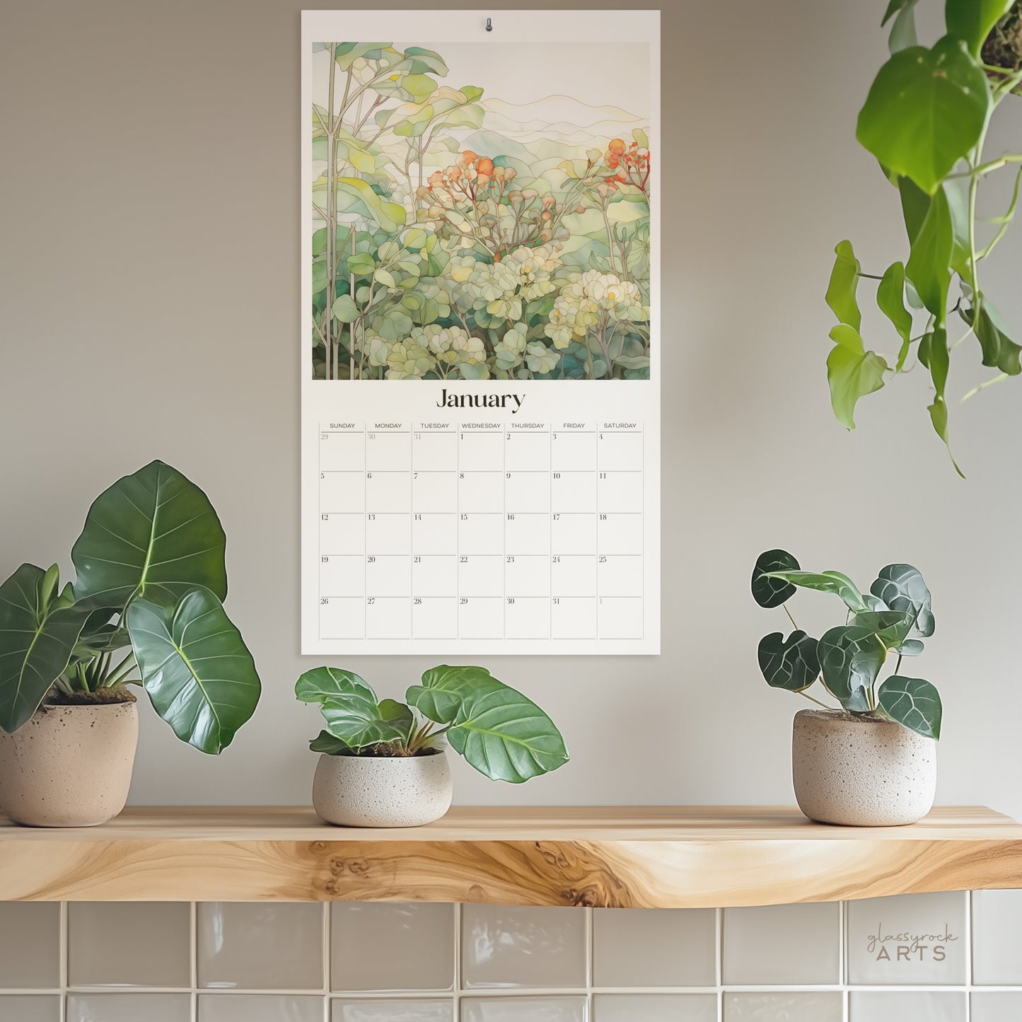 An image of the Stained Glass Tropical Flowers 2025 Wall Calendar, 9.5x17.25 inch, by GlassyRock Arts
