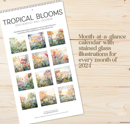 An image of the Stained Glass Tropical Flowers 2025 Wall Calendar, 9.5x17.25 inch, by GlassyRock Arts