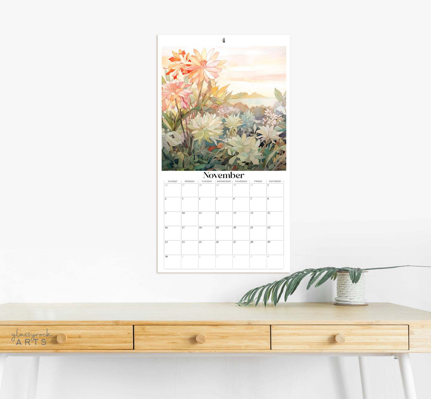 An image of the Stained Glass Tropical Flowers 2025 Wall Calendar, 9.5x17.25 inch, by GlassyRock Arts