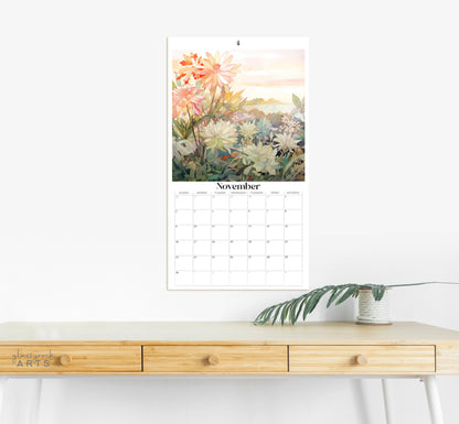 An image of the Stained Glass Tropical Flowers 2025 Wall Calendar, 9.5x17.25 inch, by GlassyRock Arts
