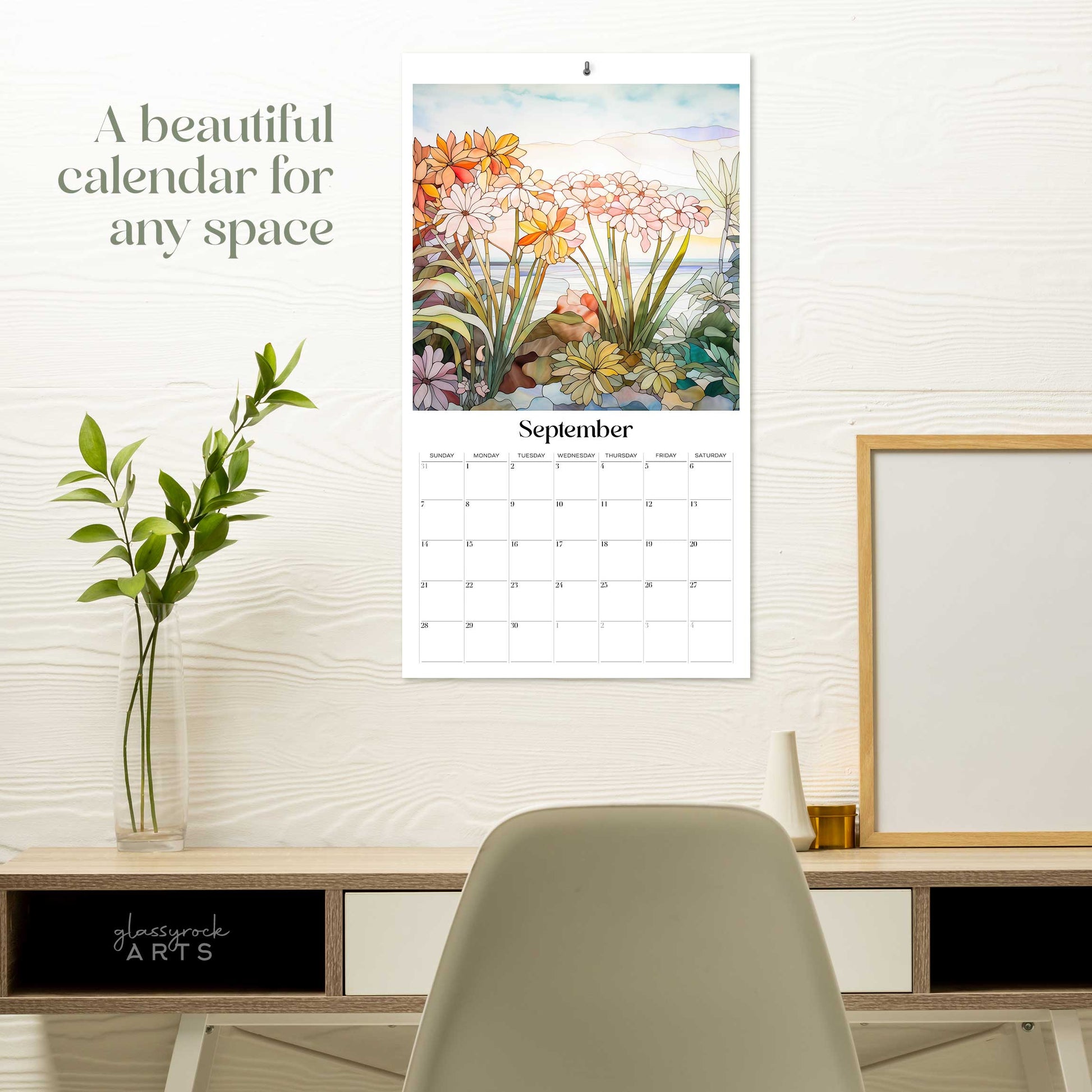 An image of the Stained Glass Tropical Flowers 2025 Wall Calendar, 9.5x17.25 inch, by GlassyRock Arts