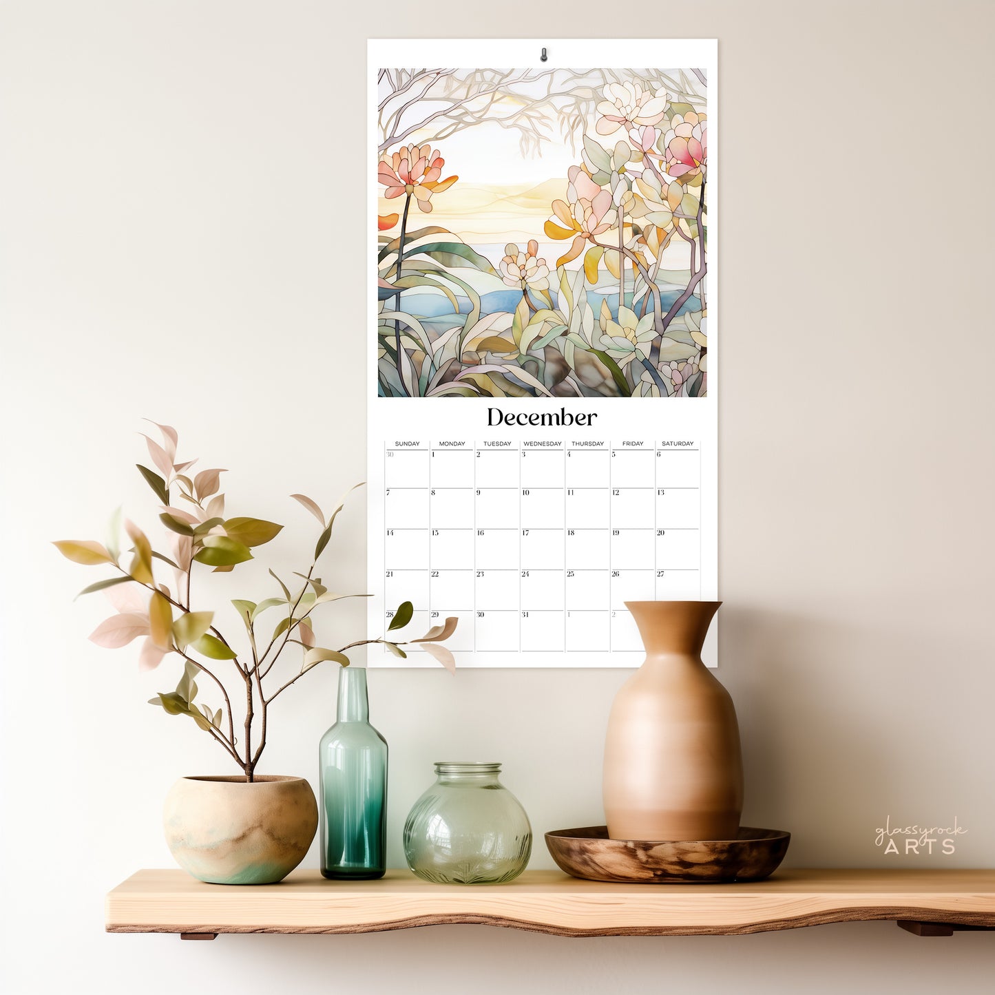 An image of the Stained Glass Tropical Flowers 2025 Wall Calendar, 9.5x17.25 inch, by GlassyRock Arts