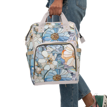 A picture of the Stained Glass Flowers Multi-Purpose Diaper Backpack from GlassyRock Arts. 