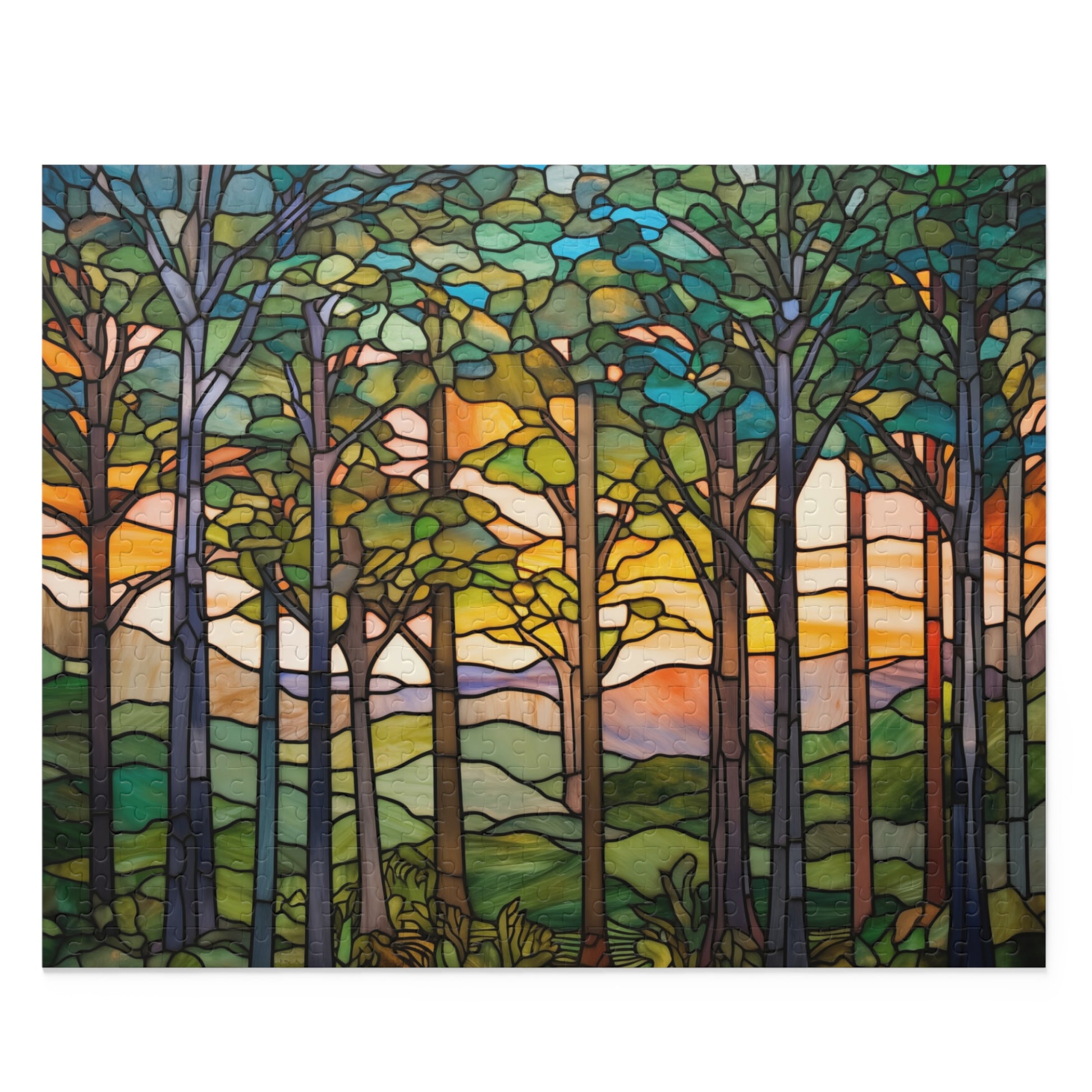 A colorful image of a stained glass-inspired forest jigsaw puzzle with green trees and hills and blue sky. 