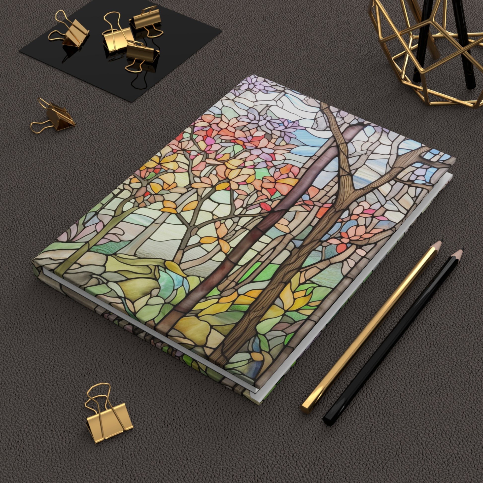 A picture of the Stained Glass Spring Forest Hardcover Journal from GlassyRock Arts. 