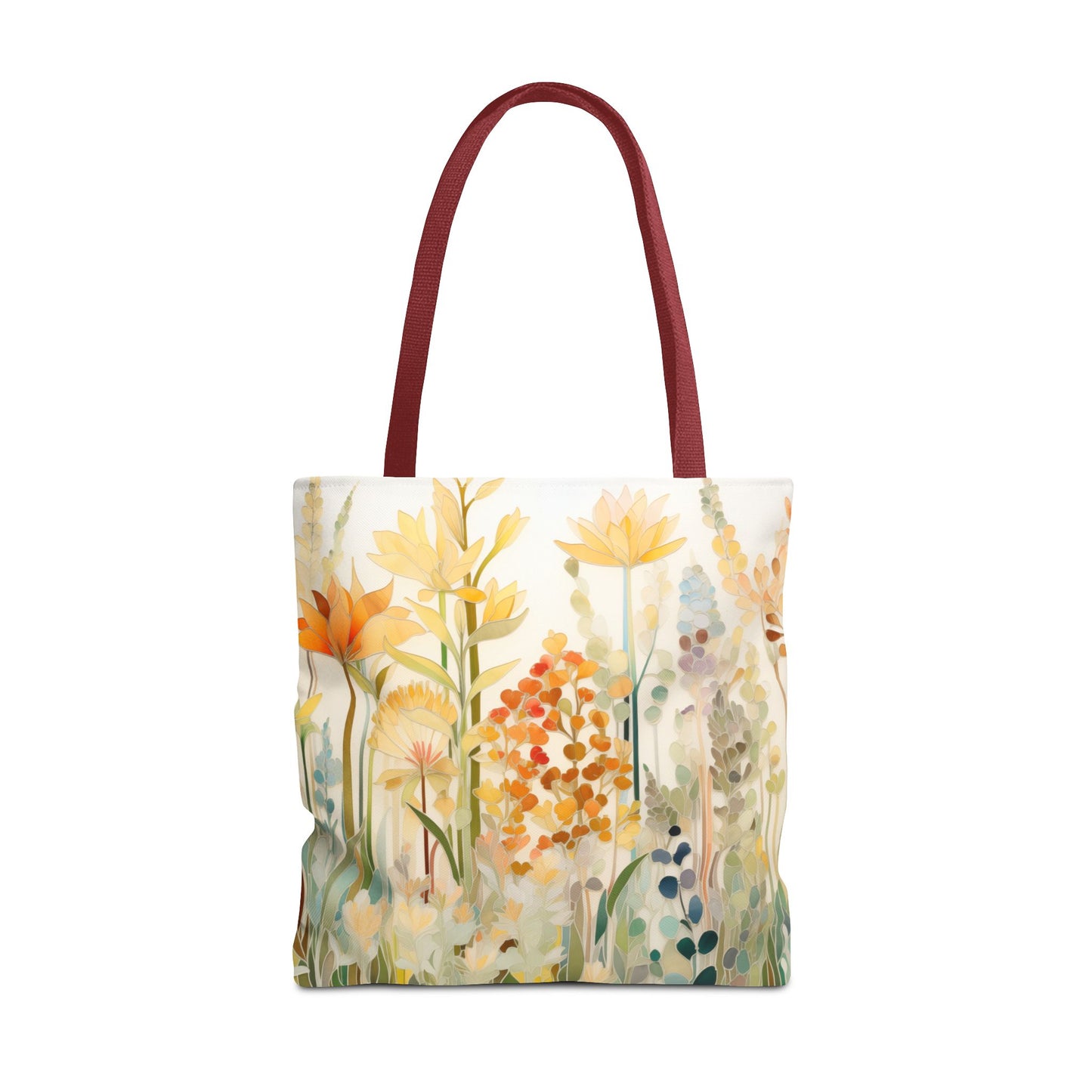 The Stained Glass Fall Flowers Tote Bag, crafted from durable polyester materials, features maroon handles and a stunning floral design with various yellow and orange flowers. This stylish accessory is available in three different sizes.