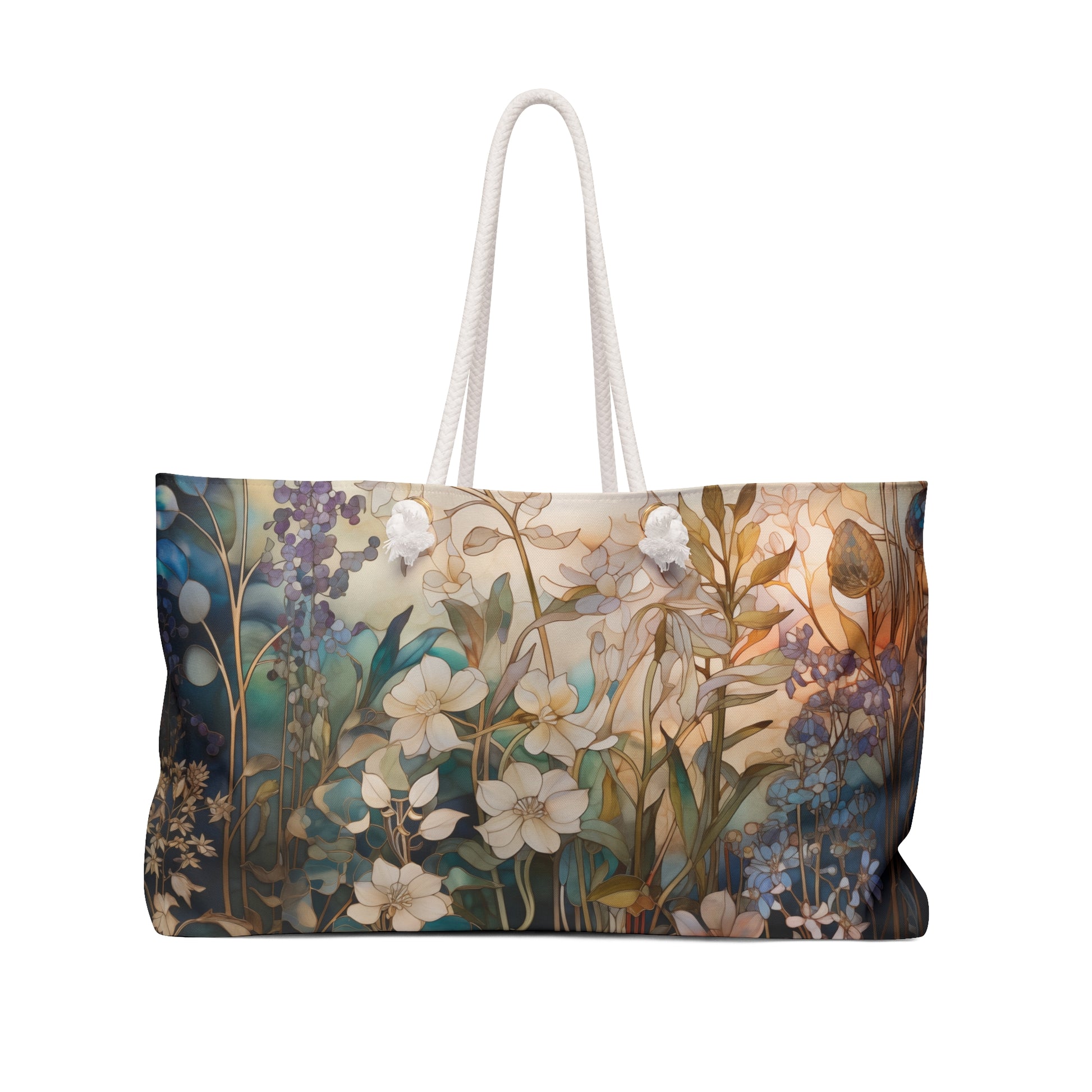 The Stained Glass Midnight Flowers Oversized Tote Bag in navy blue boasts an artistic floral design with intricate flower and foliage details, set against a blue-orange gradient for a soft, elegant look. White rope handles complete this unique, stained glass-inspired piece.