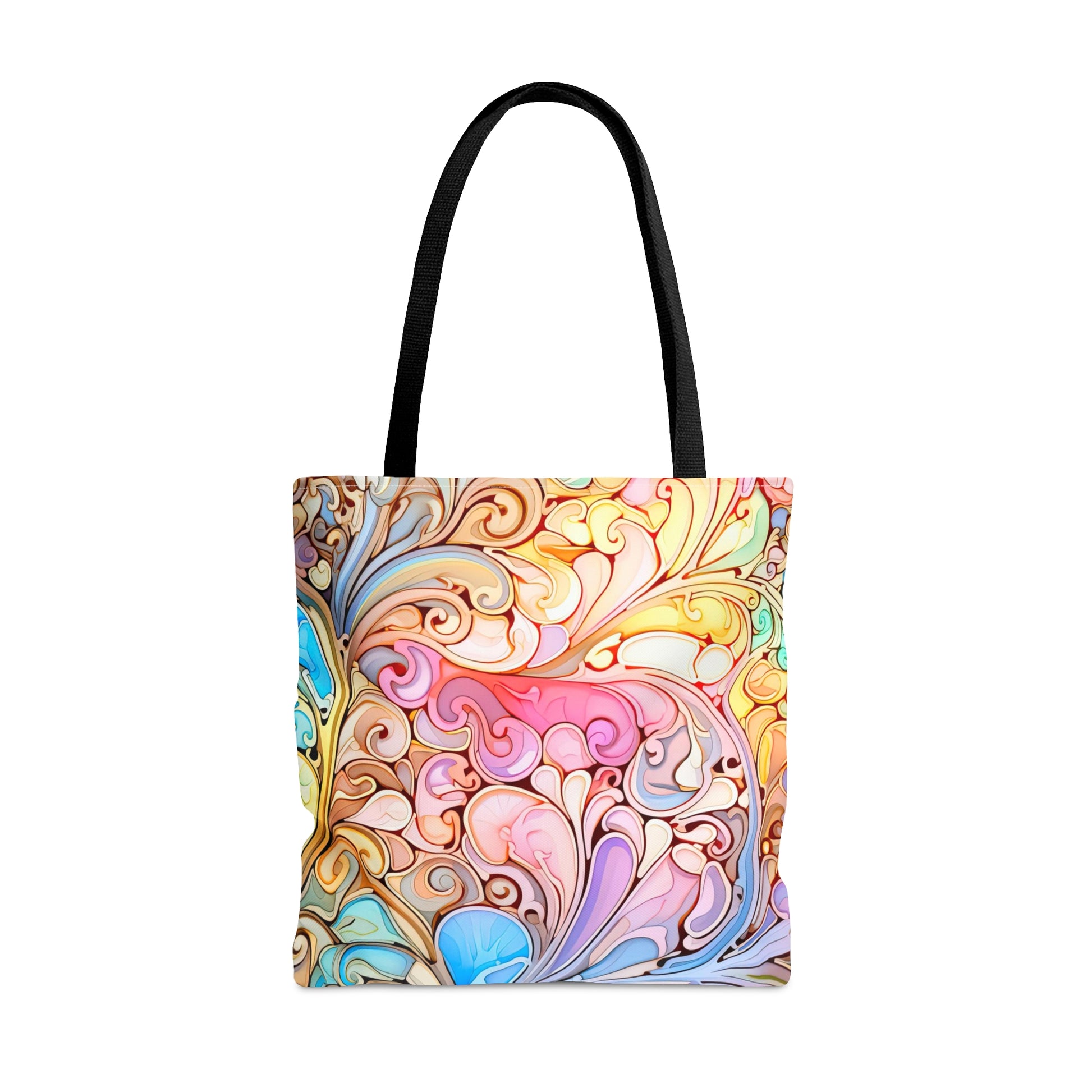 A Rainbow Paisley Stained Glass Tote Bag, available in three sizes, with black handles and showcasing a colorful and intricate abstract pattern resembling swirling, marble-like designs in various pastel shades.