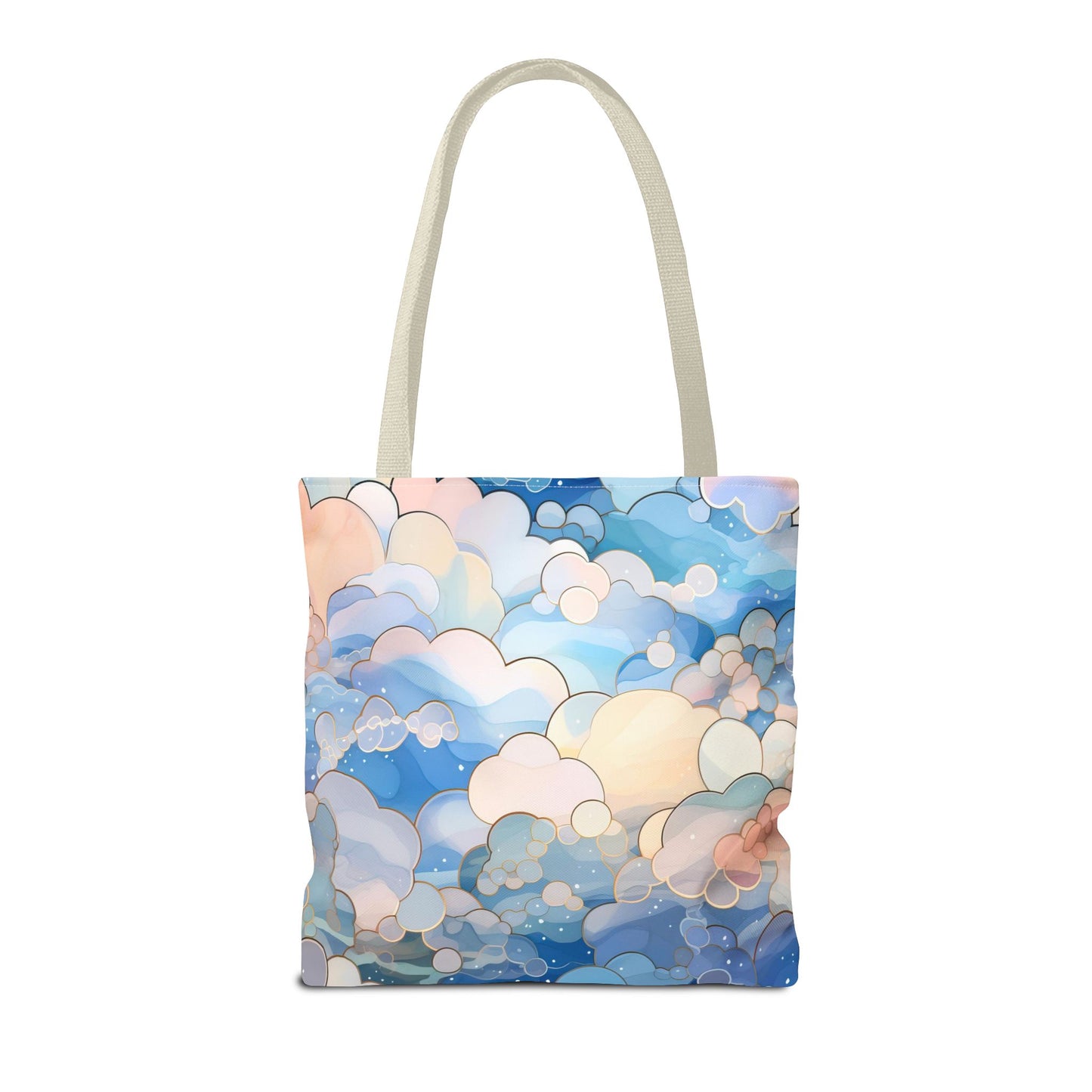 The durable Stained Glass Clouds Tote Bag, available in blue, showcases an abstract cloud pattern in blue, white, and pastel peach. Light-colored handles enhance its dreamy elegance, making it a versatile accessory. Three sizes are offered.