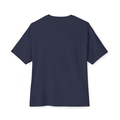 Rear view of a plain, navy blue Stained Glass Polar Bear Oversized Tee Shirt against a white background.