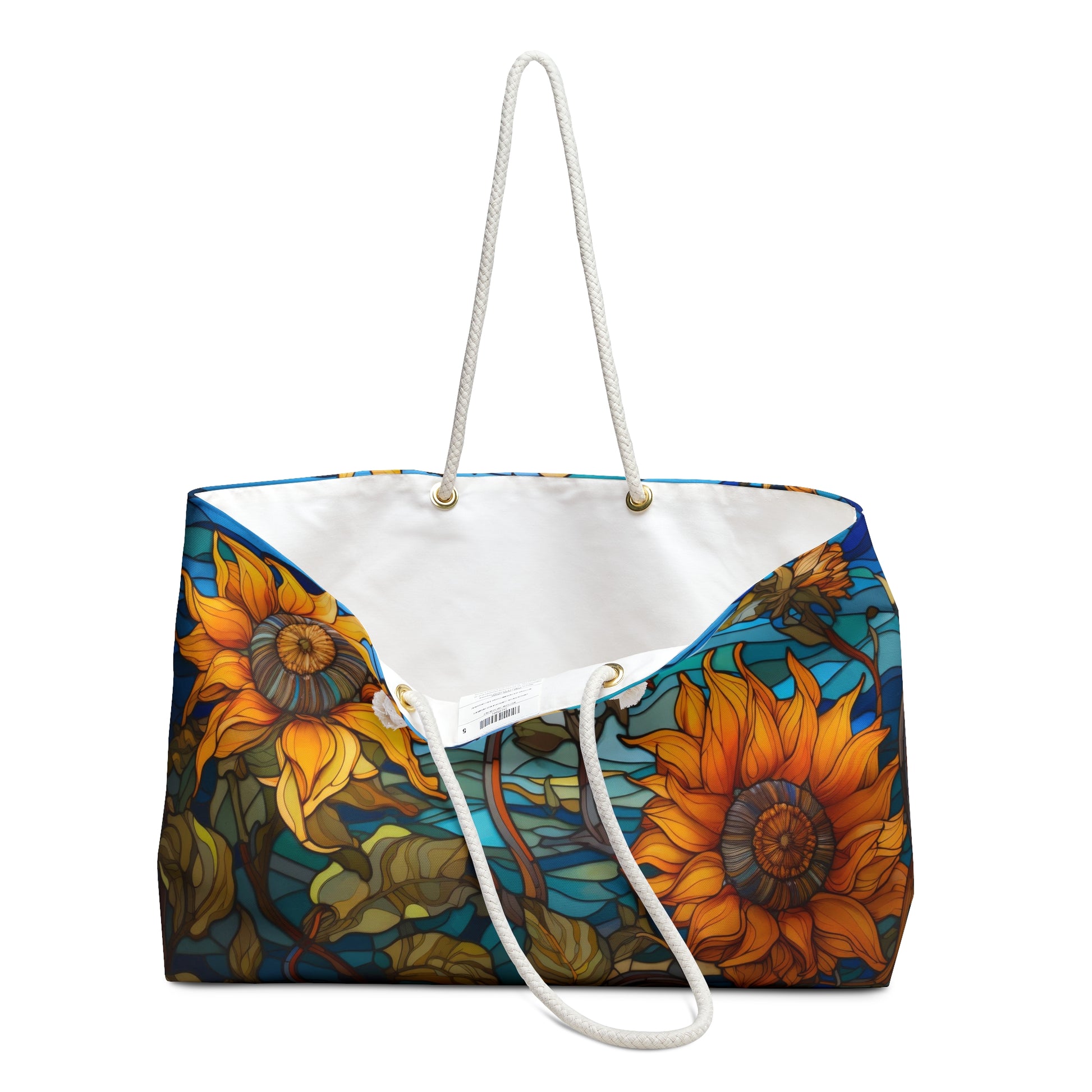 An image of the Stained Glass Sunflowers Oversized Tote Bag, Blue and Yellow,white rope handles, by GlassyRock Arts