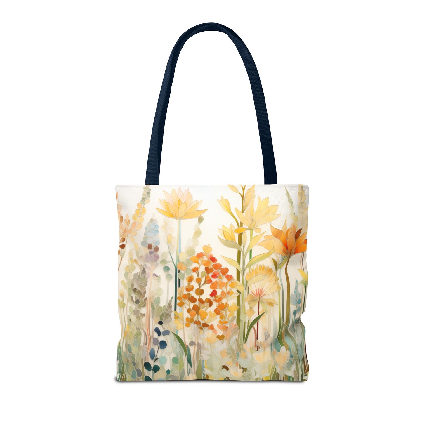 The Stained Glass Fall Flowers Tote Bag, available in 3 sizes, has handles and is crafted from durable polyester materials. It features an original artist's illustrated pattern of colorful wildflowers in shades of orange, yellow, and light blue set against a white background, evoking the beauty and intricacy of stained glass art.