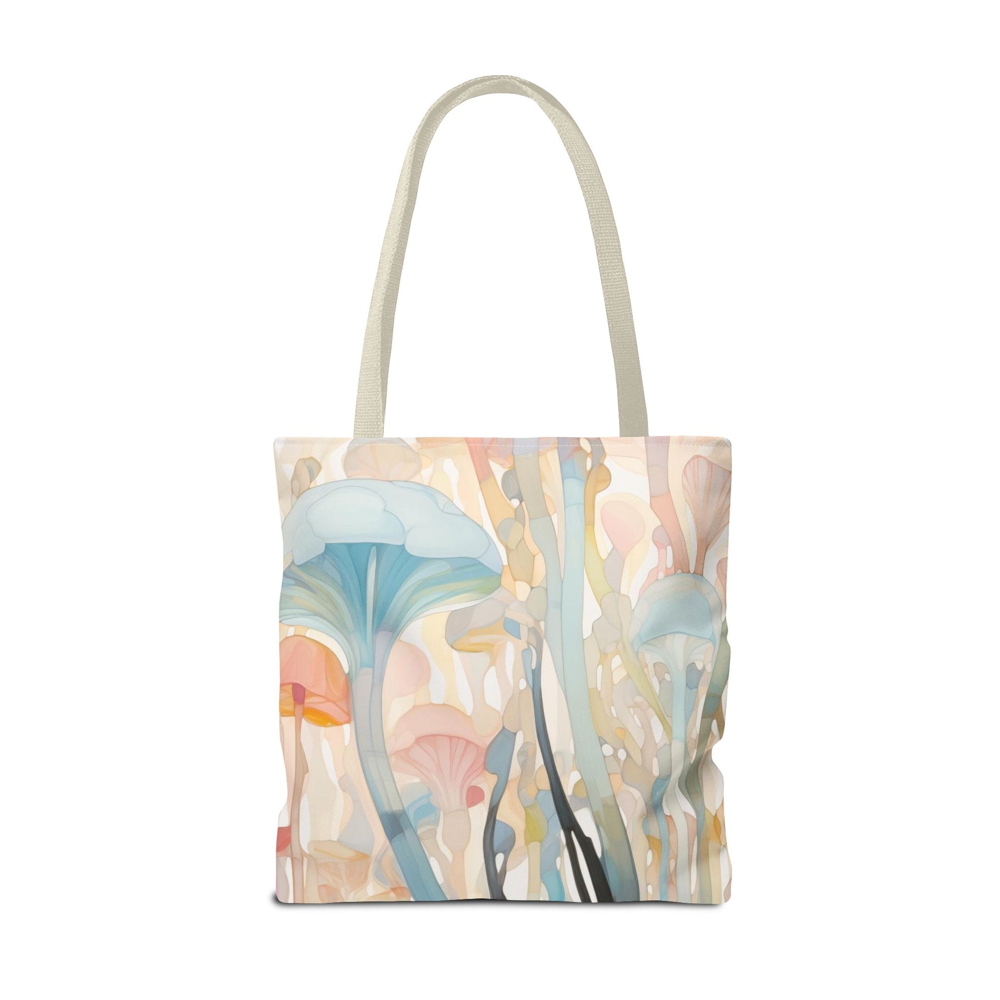 The Groovy Rainbow Mushrooms Stained Glass Tote Bag features an artistic pastel design in blue, pink, and beige on durable polyester. This whimsical pattern creates a dreamy effect, enhanced by light-colored handles. Available in three sizes.