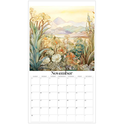 Discover the 2025 Desert Landscapes Large Wall Calendar, featuring Novembers artistic display of majestic mountains, vibrant wildflowers, and a breathtaking sunset. An unmarked grid starting each Sunday invites inspiration.