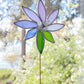 Handmade Stained Glass Flower Plant Stake with 3 Crystals - Blue and Green