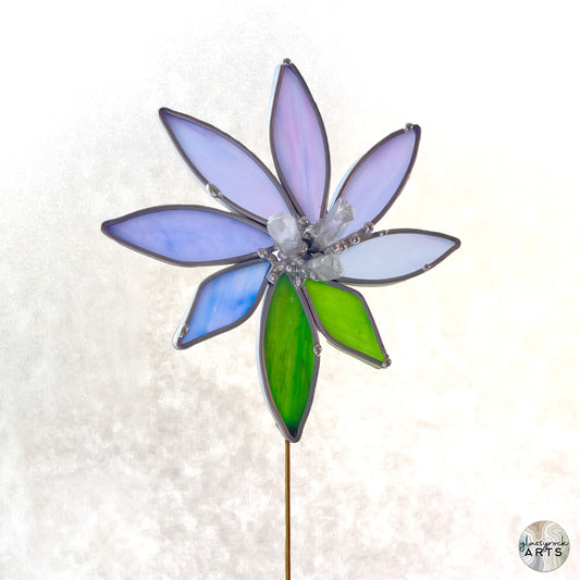 Handmade Stained Glass Flower Plant Stake with 3 Crystals - Blue and Green