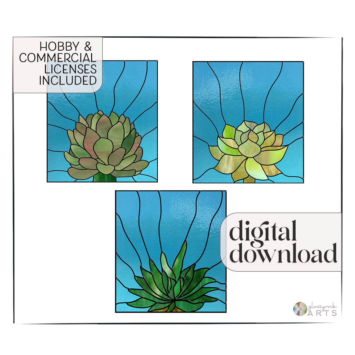 A picture of the Three Succulent Stained Glass Panel Patterns from GlassyRock Arts. 