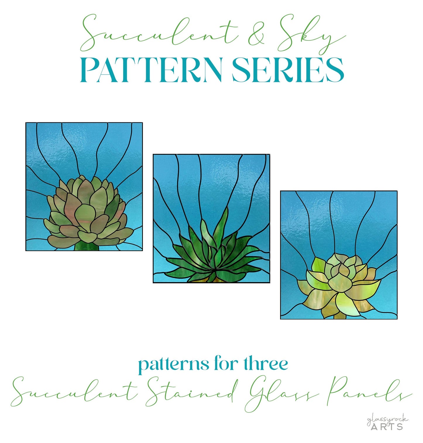 Three stained glass panels showcasing unique succulents against a blue sky with vibrant greens are featured. Titled Succulent & Sky Pattern Series, these digital patterns are named Three Succulent Stained Glass Panel Patterns.