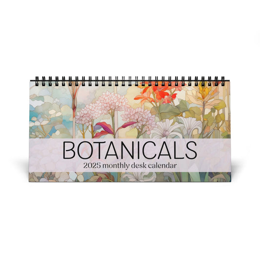 The 2025 Desk Calendar - Botanicals showcases a cover design adorned with illustrated flowers and foliage in muted tones, all printed on high-quality paper stock.