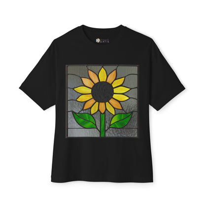 Black Stained Glass Sunflower Oversized Tee Shirt featuring an artist-designed sunflower with yellow petals, green leaves, and a dark center.