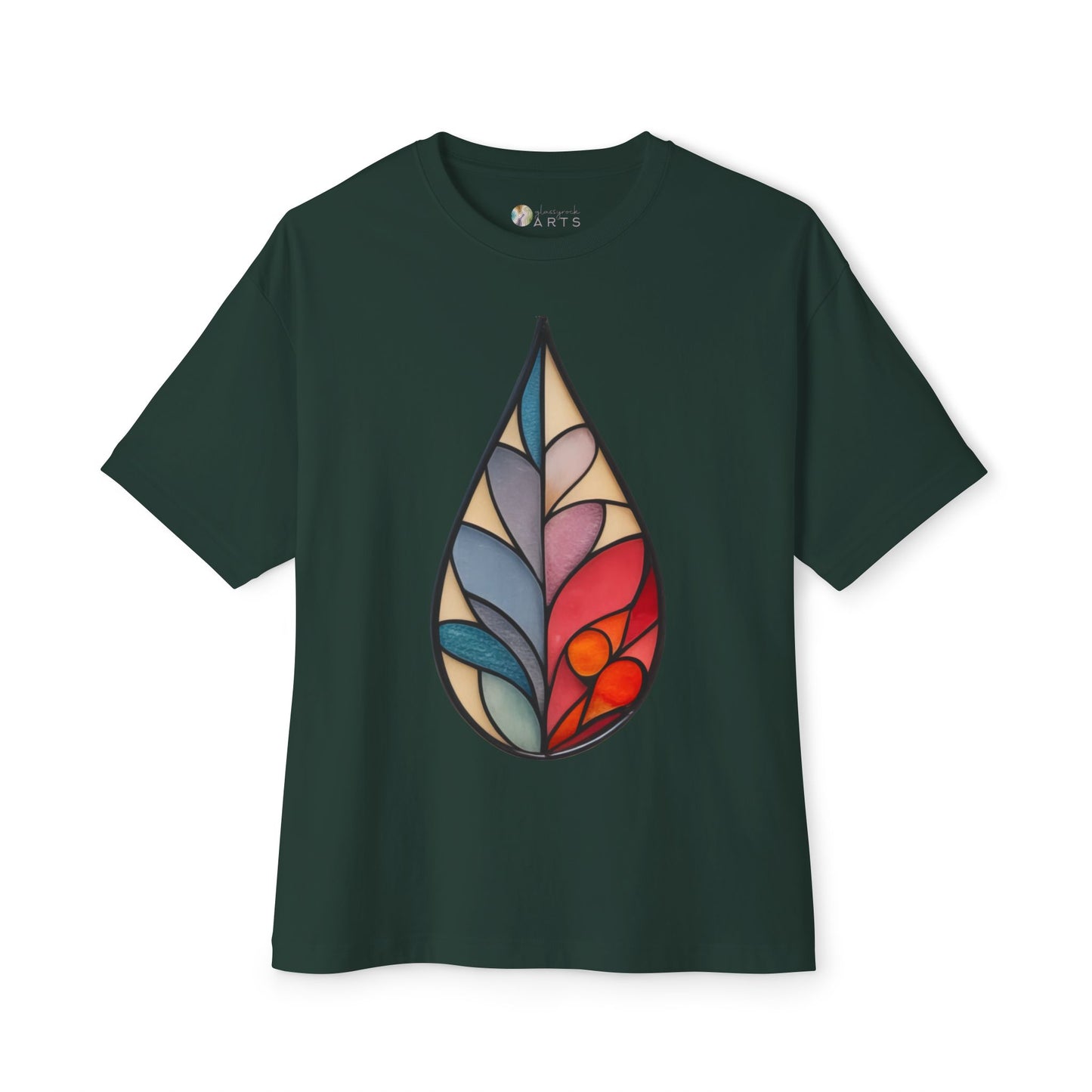 A dark green Bella+Canvas Stained Glass Botanical Raindrop Oversized Tee Shirt featuring a colorful, abstract teardrop shape with various shades of blues, purples, and reds, reminiscent of stained glass and created by Noelle Barnes.