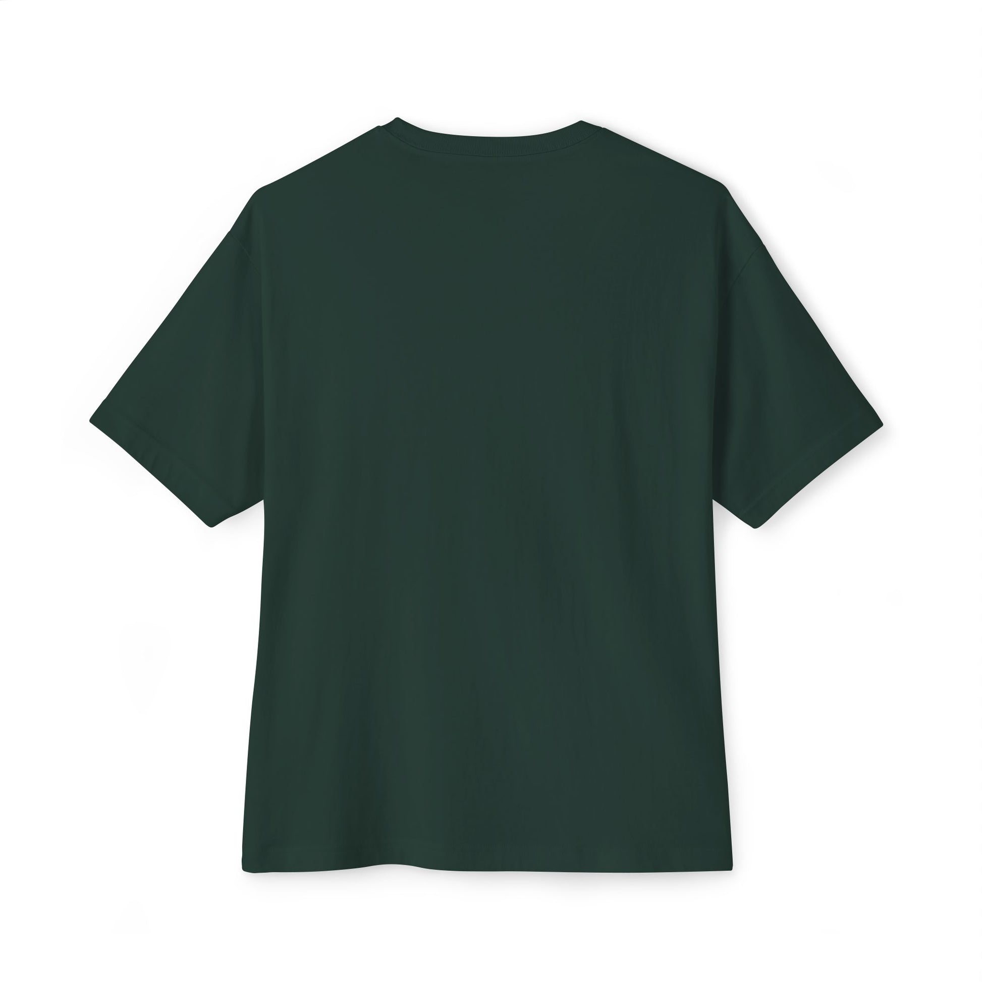 A plain dark green short-sleeve T-shirt by Bella+Canvas, shown from the back, is referred to as the Stained Glass Turtle Oversized Tee Shirt.