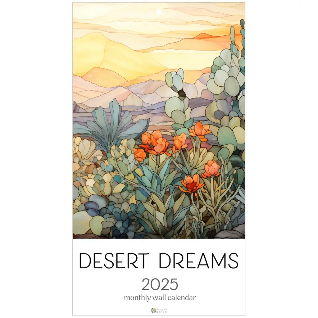 Illustration of a 2025 Desert Landscapes Large Wall Calendar, showcasing a colorful desert with cacti, succulents, and vibrant flowers set against a sunrise sky.