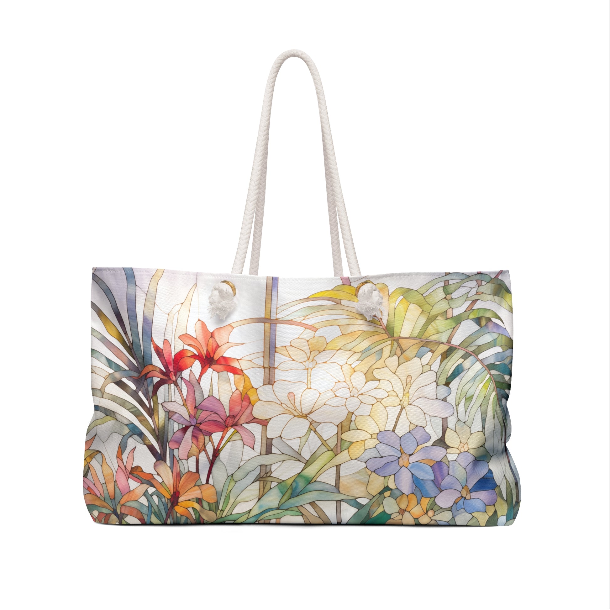 The Stained Glass Tropical Flowers Oversized Tote Bag features white rope handles and a vibrant, stained glass-like floral design with tropical blooms in red, white, blue, and green on a light background, making it perfect for any occasion.