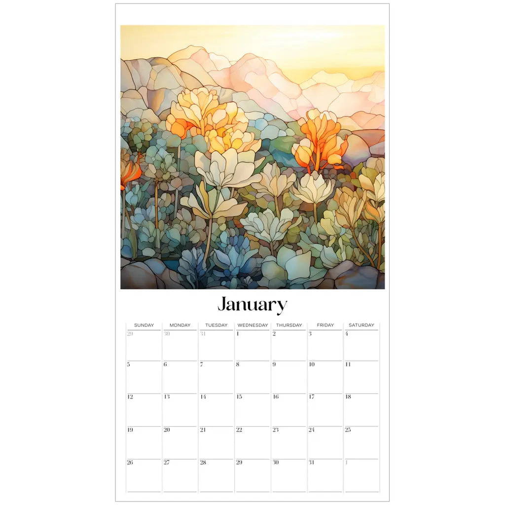 The January page of the 2025 Desert Landscapes Large Wall Calendar showcases a vibrant artistic illustration of orange and yellow flowers against a scenic mountain backdrop, reminiscent of botanical illustrations. The days are arranged in a clean grid below.