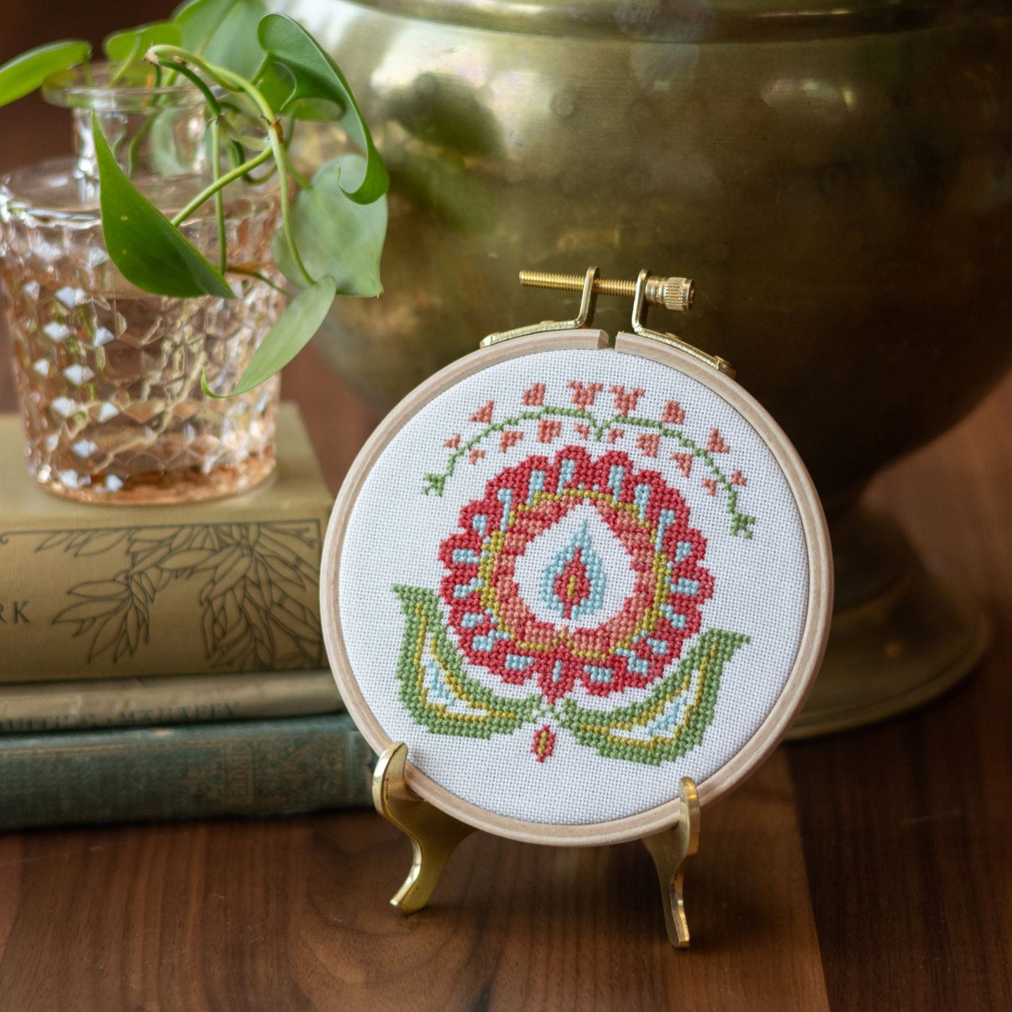 Santorini Peony cross stitch hoop kit, 4 inch